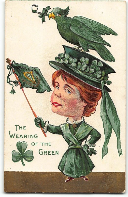 1909 Postcard THE WEARING OF THE GREEN St Patricks Day Woman w/ flag Bird