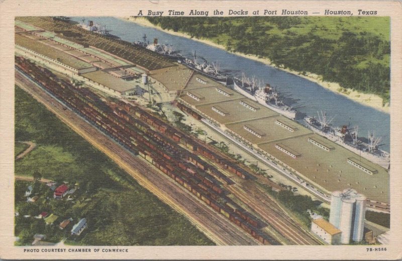 Postcard Busy Time Along the Docks Port Houston Texas