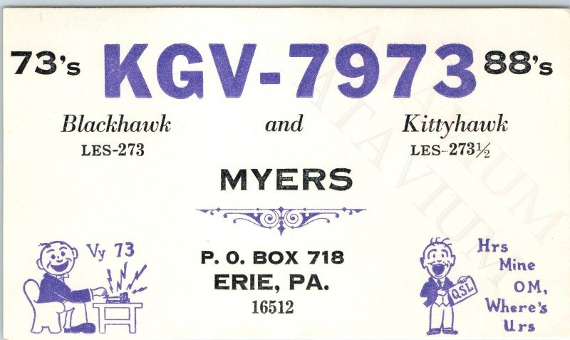 c1970s Erie, PA Comic Radio Operator Art QSL CB Radio Card Myers Cartoon Fun A67