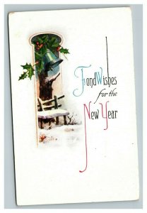 Vintage 1910's Winsch Back New Years Postcard Mistletoe Silver Bell Snow NICE