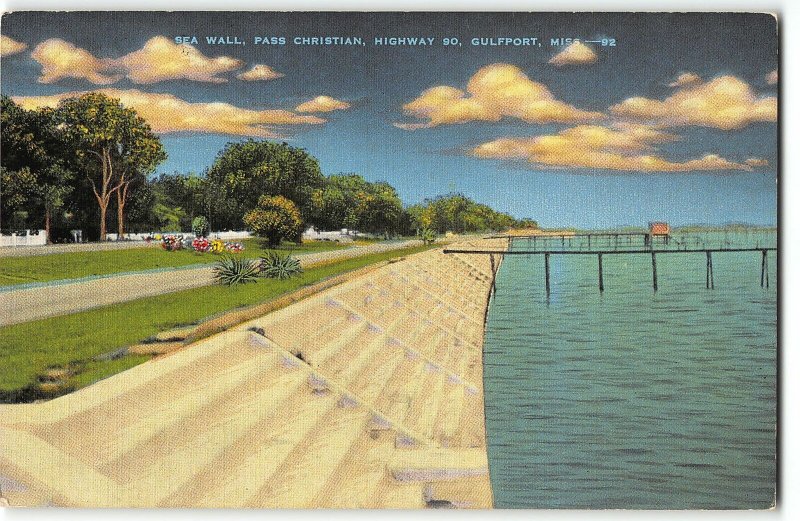 Sea Wall, Pass Christian -  Highway 90, Gulfport, MS - 1940s Linen Postcard