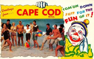 Cape Cod Massachusetts Greetings Beach Scene Clown Postcard AA87332