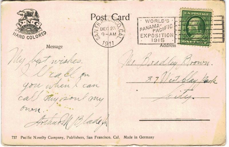 San Francisco Christmas Happy New Year Francis Hotel   1910 CA 