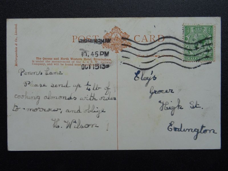 Birmingham QUEENS & NORTH WESTERN L&NW RAILWAY HOTEL c1913 Postcard
