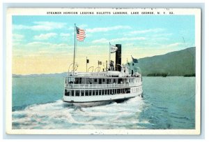 c1920's Lake George NY,  Steamer Ship Horicon Leaving Huletts Landing Postcard 