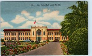 HOLLYWOOD, Florida  FL    CITY HALL   ca 1940s Linen  Postcard