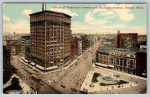 Woodward Avenue & Michigan Avenue, Detroit MI, Antique 1912 Aerial View Postcard