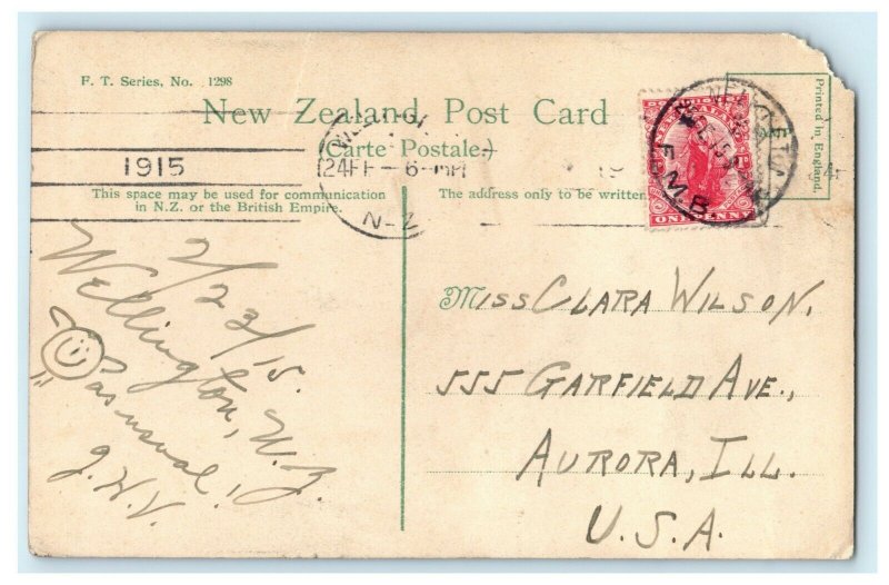 1915 New Zealand to Aurora Illinois USA Skippers Road Wakatipu Postcard 