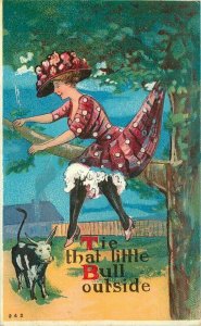 1911 Big Hat Woman Tree Bull Comic Humor stuck on branch Postcard 22-3087 