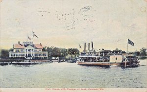OSHKOSH WISCONSIN~YACHT CLUB HOUSE WITH STEAMER SHIP AT DOCK~1907 POSTCARD