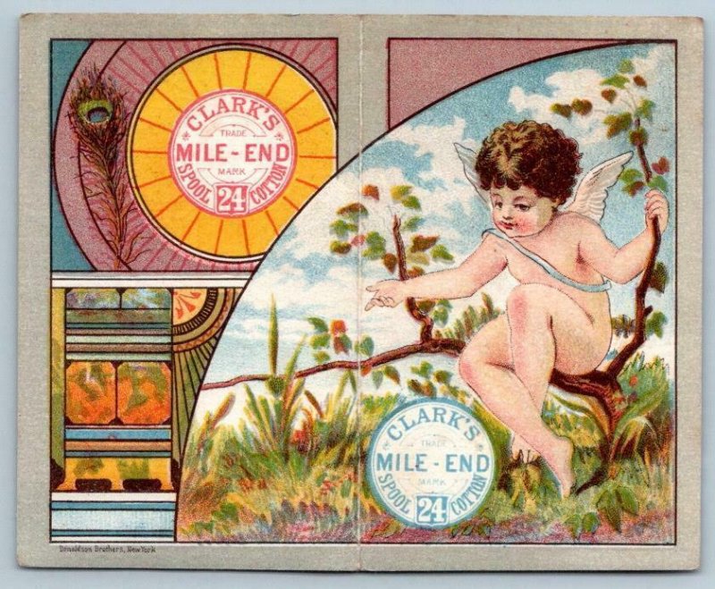 1881 CALENDAR FOLDER CLARK'S MILE END SPOOL COTTON ANGEL CHERUB PEACOCK FEATHER