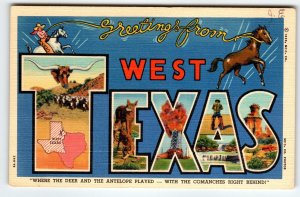 Greetings From West Texas Large Big Letter Postcard Linen Curt Teich Unused