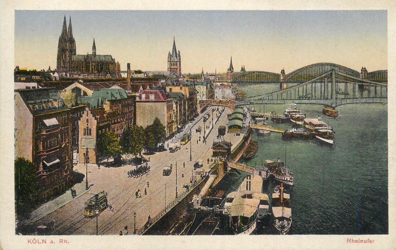 Germany sail & navigation themed postcard Koln Rhein dock pier paddle steamer