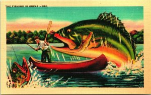 Comic Exaggeration Fishing Is Great Here Linen Asheville Postcard Co UNP