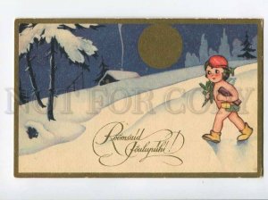 3070095 Angel ELF & Huge MOON vintage NEW YEAR X-Mas PC