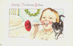 Embossed Christmas Postcard Stecher 338-C Cute Boy w/ Trumpet & Kitten, Unposted