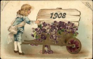 New Year Victorian Boy w Gilt Flower Wagon Embossed c1910...