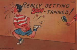 spanking postcard: Really Getting Son-Tanned