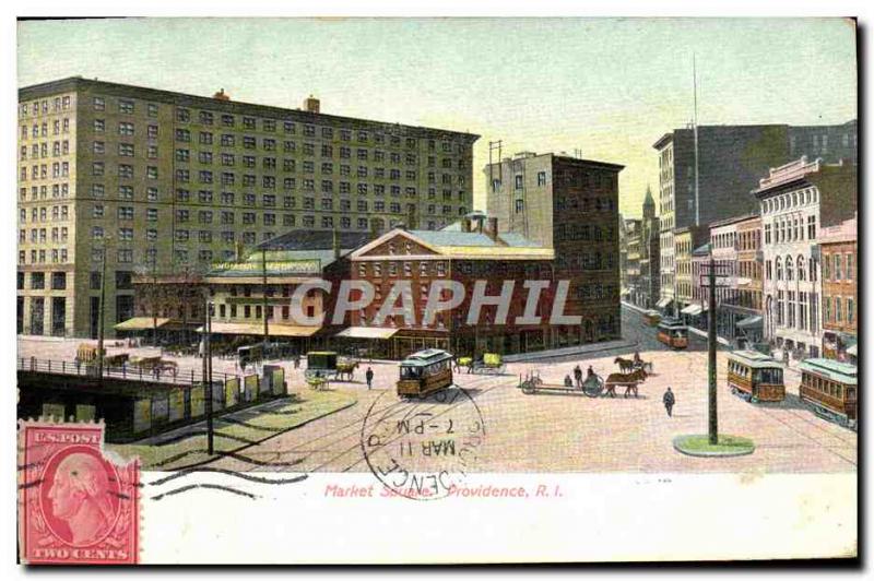 Postcard Old Market Square Providence R I Tramway