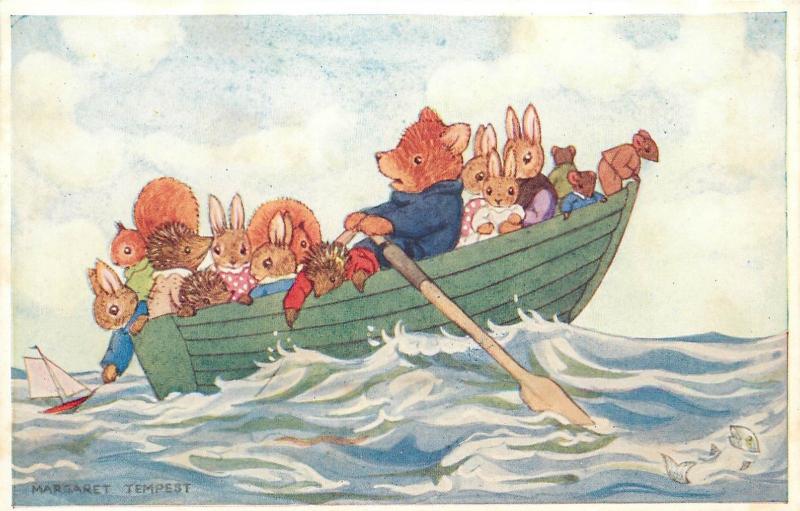 Humanized Animals Boat Load by Margaret Tempest Antropomorphic Medici postcard