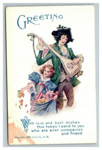 Vintage 1907 Greetings Postcard Man Plays Lute Cute Girl Spreads Flowers Poem