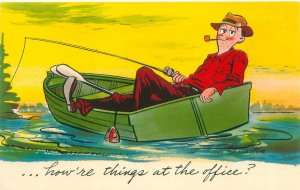 Fisherman in Boat How're things at the office? Ted Martine Comic Postcard Unused