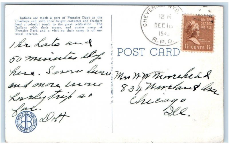 CHEYENNE, WY ~ Native American Sioux Indians FRONTIER DAYS Tepee c1940s Postcard
