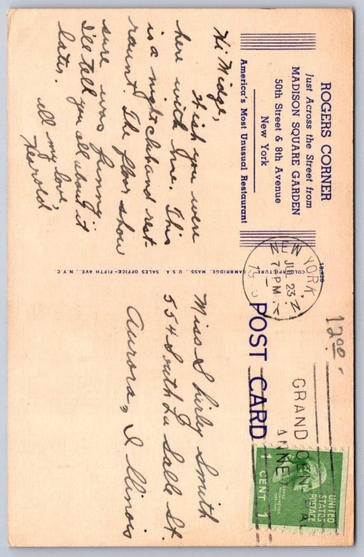 K43/ New York City Postcard Linen Rogers Corner Restaurant 2View 130
