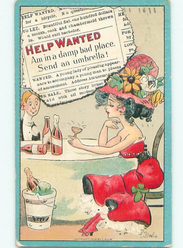 Pre-Linen Risque signed DWIG - SEXY GIRL WITH HELP WANTED AD AB6090