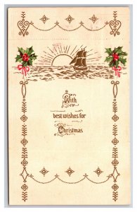 Best Wishes For Christmas Ship at Sunset Arts &Crafts Embossed DB Postcard A16