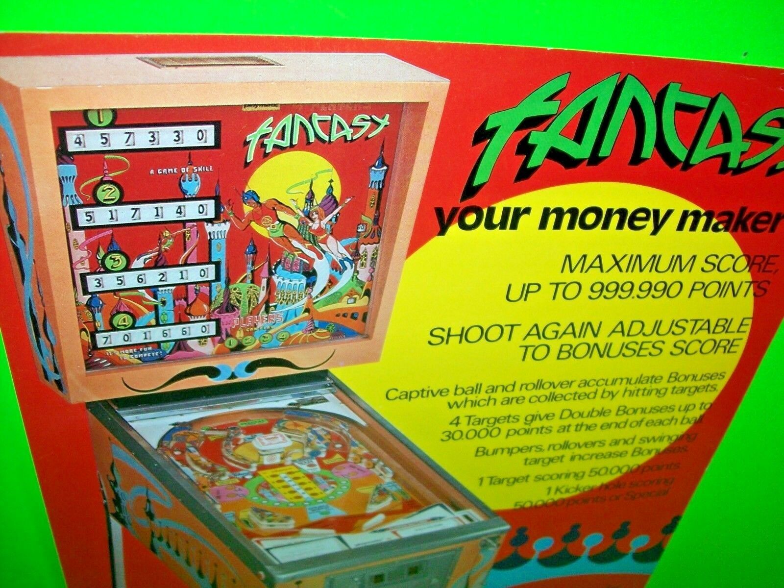 Playmatic FANTASY Original 1976 Arcade Game Pinball Machine Flyer RARE ...