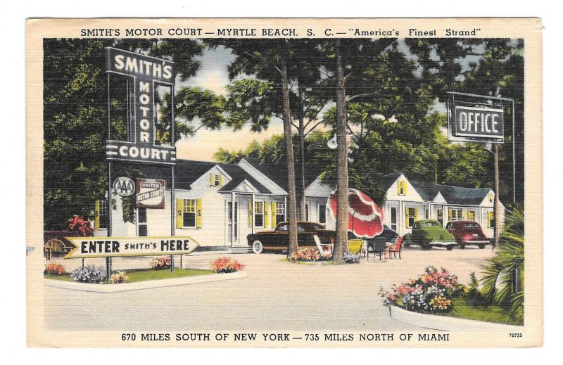 Myrtle Beach SC Smiths Motor Court Motel Cars US 17 Vintage 1949 Postard