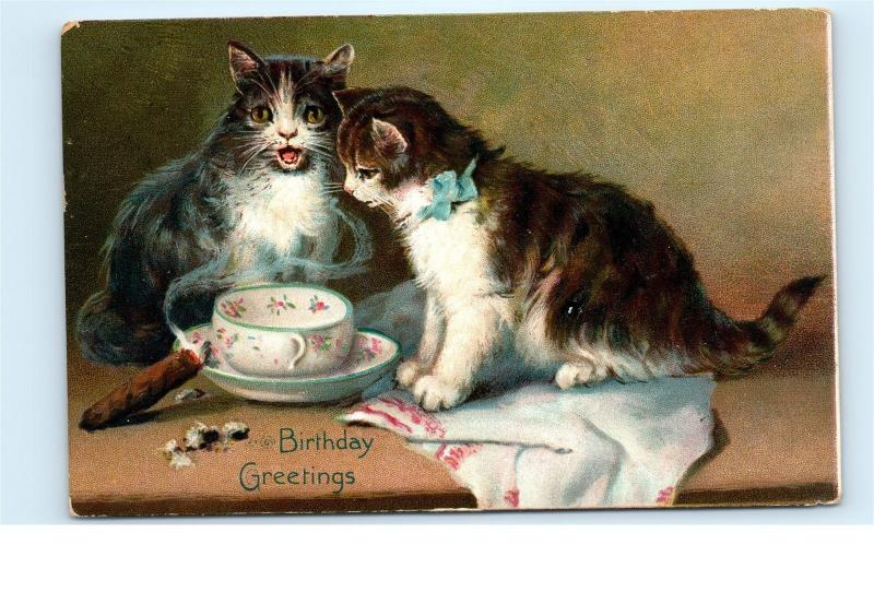 1908 Tuck's Postcard Birthday Series 105 Kittens Cigar Teacup Cats Hanky C70