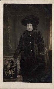 Woman in Fur Coat Fashionable Hat Studio Props Portrait c1910 RPPC PC