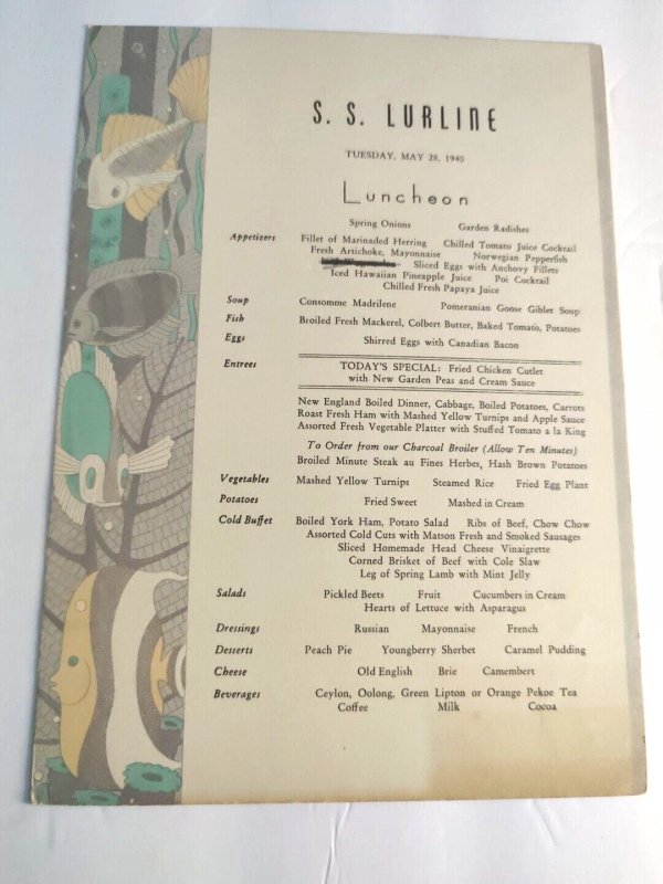 S.S. Lurline Vintage menus. May 28, 1940