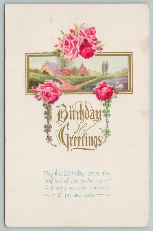 Flowers Greetings~Bright Pink Roses~Village~Clovers~c1910 Postcard