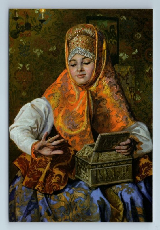 PRETTY WOMAN in Russian Ethnic Folk Costume RINGS Jewelry New Unposted Postcard