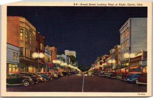 Elyria Ohio, Broad Street Looking West at Night, Highway, Road, Vintage Postcard