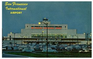 San Francisco Airport at night Old Cars Airport Postcard c1970