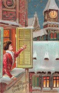 1909 Embossed New Year Greetings Postcard Woman at Window Clock Tower
