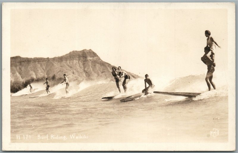 WAIKIKI HI SURF RIDING VINTAGE REAL PHOTO POSTCARD RPPC