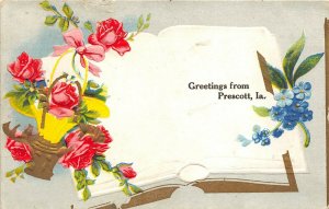 Prescott Iowa 1914 Embossed Greetings Postcard Open Book Flowers