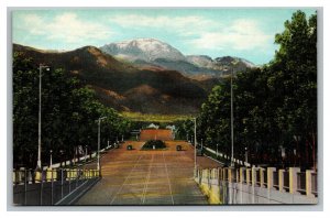 Vintage 1940's Postcard Panoramic View Pikes Peak Platte Ave Colorado Springs CO