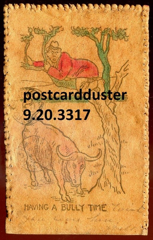 3317 - HUMOR Leather Postcard 1906 Having a Bully Time