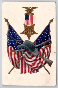 GAR Civil War Remembrance Badge Flags Hat Sword Rifle Bayonet Postcard R21