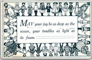 May Your Joy Be As Deep As Ocean, 1910 Paper Doll Chain Border, Vintage Postcard