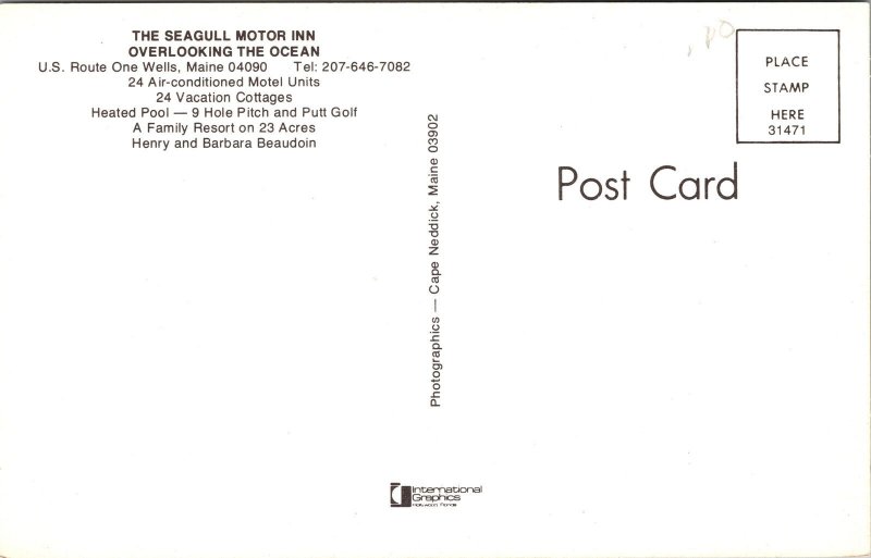 Vintage Postcard the Seagull Motor INN Located at Wells Maine C. 1970s