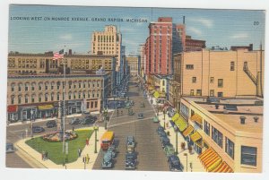 P2060 1938 postcard birds eye view traffic stores monroe ave grand rapids mich