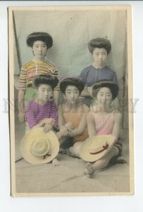 460632 Japan girls geisha with hairstyles on the beach with hats Vintage tinted