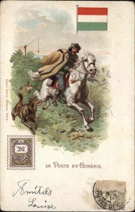 Mailman Mail Delivery Postage Stamps Around World HUNGARY HORSE c1900 Postcard